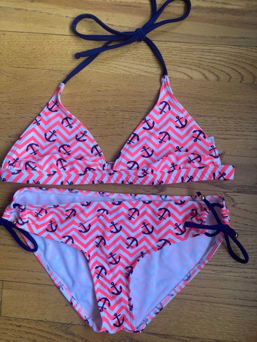 dELiA*s Neon Orange Chevron Anchor Girls' Two-Piece Bikini with Navy Ties